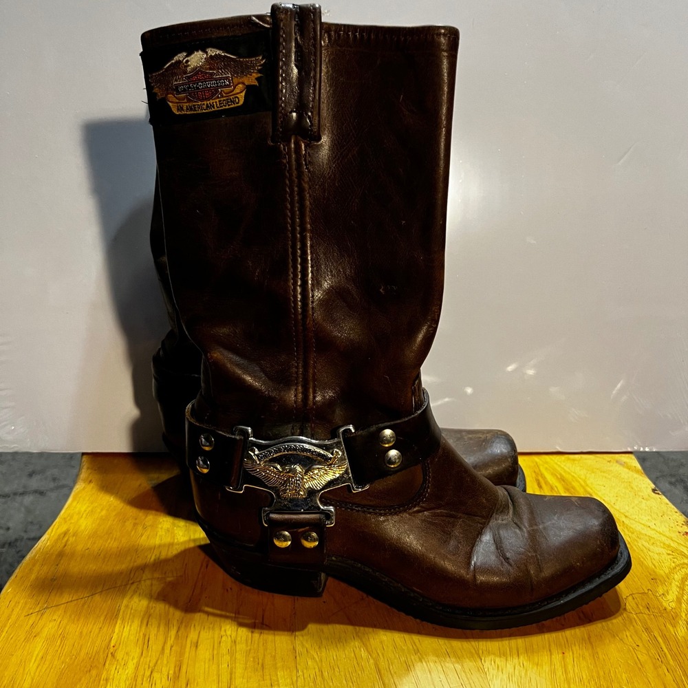 Harley-Davidson Harness Boots Sz 8 Brown Leather Eagle Hardware Biker Moto